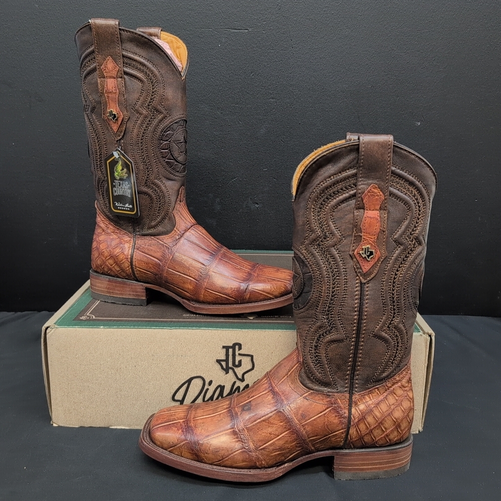 Texas Country Exotic Caiman Men’s Alligator Western Boots Square Toe US 7 Brandy